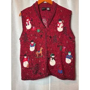 Erika Red Knit Christmas Vest Snowman Reindeer Gifts Holiday Sweater L